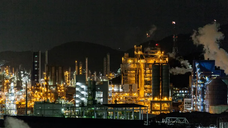 Illuminated petrochemical plant at night