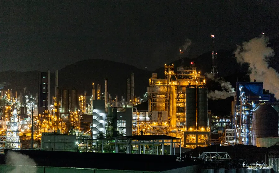 Illuminated petrochemical plant at night