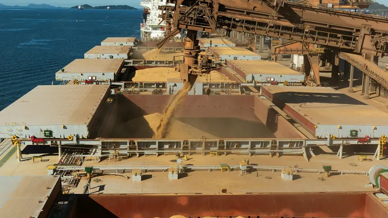 Granular bulk commodity loaded at a port terminal